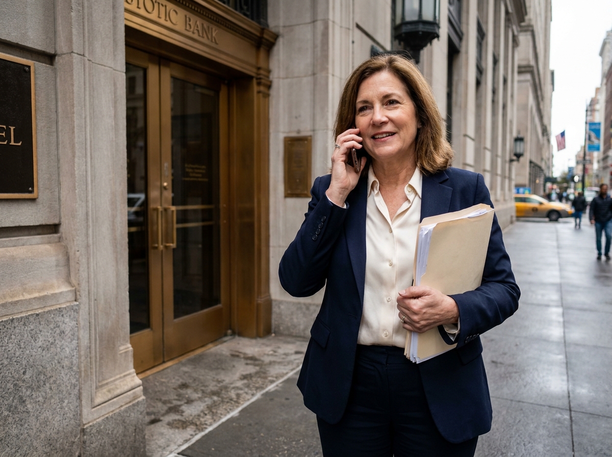 Femme d affaires parlant au téléphone devant une banque