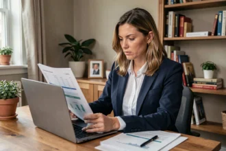 Femme consultant des documents financiers sur un ordinateur portable dans un bureau à domicile pour optimiser son revenu au SMIC