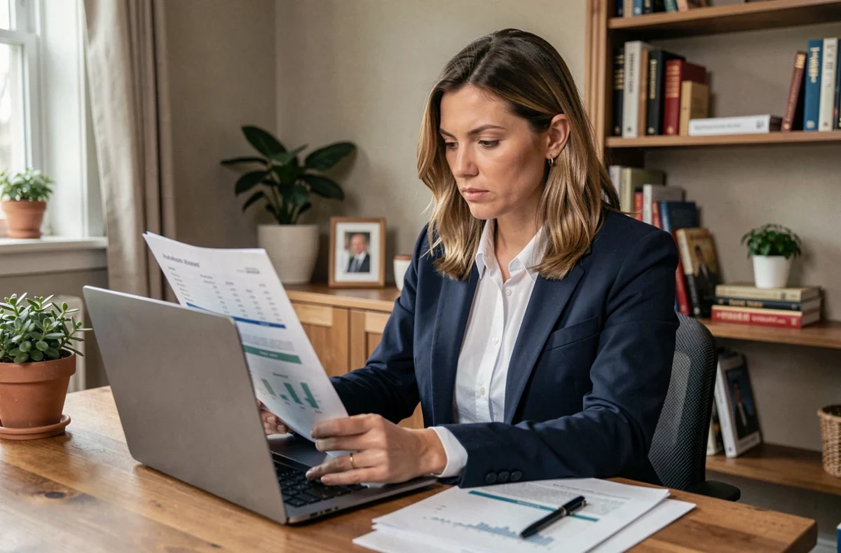Femme consultant des documents financiers sur un ordinateur portable dans un bureau à domicile pour optimiser son revenu au SMIC