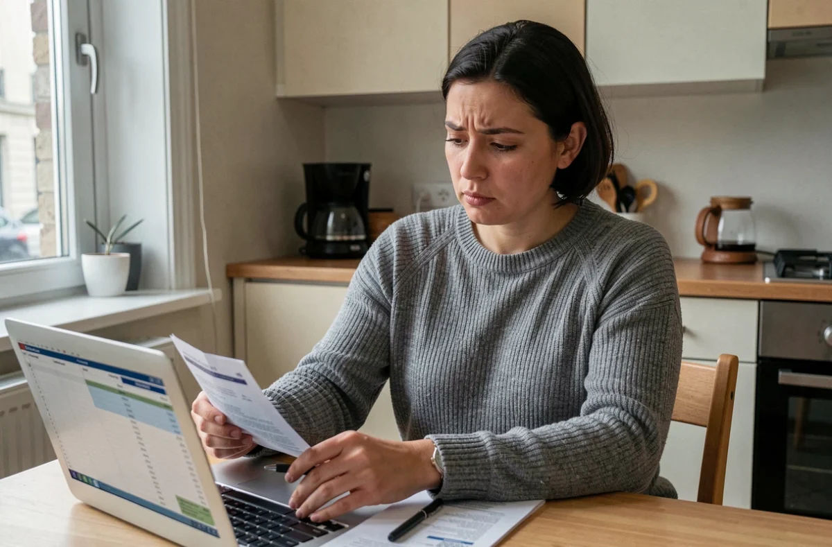 Femme calculant son budget mensuel avec un salaire de 2300 euros net dans un appartement modeste