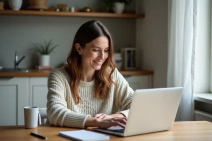 Femme concentrée travaillant sur son ordinateur dans une cuisine moderne