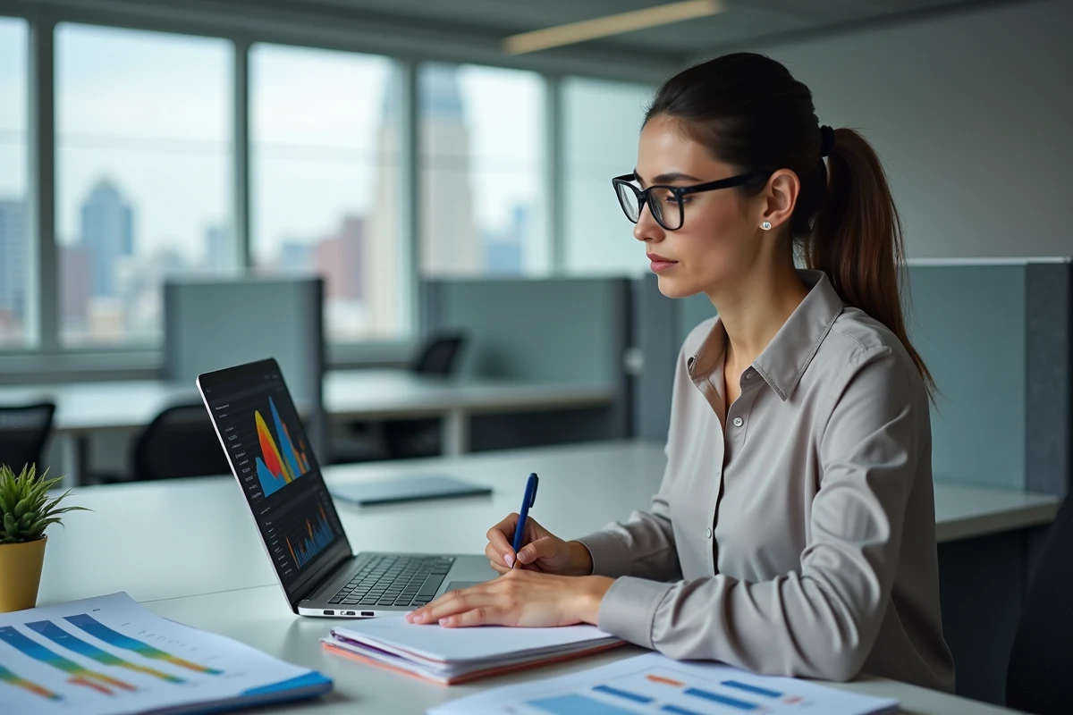 Femme concentrée au bureau avec rapport et tableau de bord
