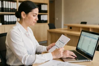 Femme professionnelle consultant une facture avec colonnes HT et TTC sur ordinateur portable dans un bureau moderne