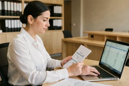 Femme professionnelle consultant une facture avec colonnes HT et TTC sur ordinateur portable dans un bureau moderne