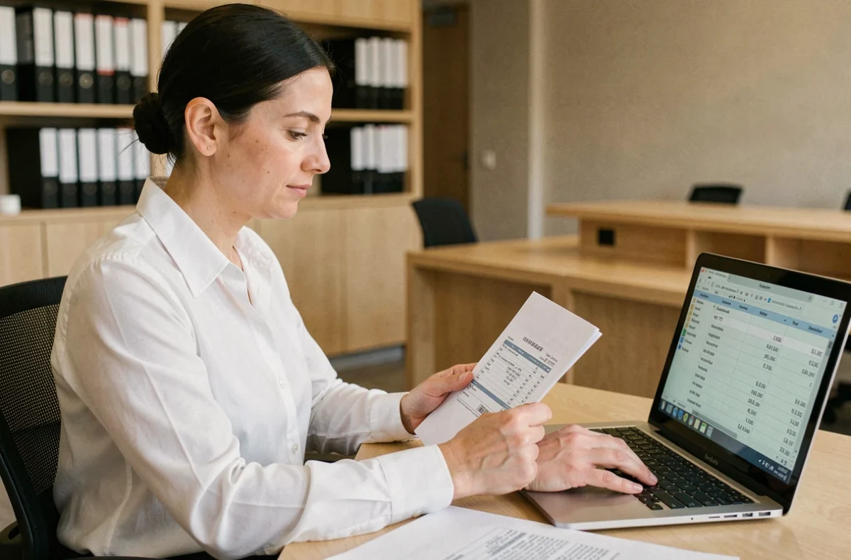 Femme professionnelle consultant une facture avec colonnes HT et TTC sur ordinateur portable dans un bureau moderne
