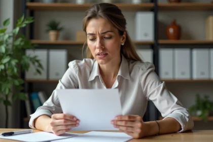 Femme d'affaires lisant une lettre dans son bureau moderne