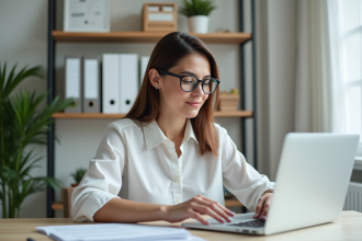 Femme professionnelle au bureau à domicile en train de vérifier des documents
