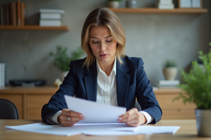 Femme professionnelle en bureau moderne lisant des documents