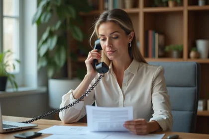 Femme d'âge moyen au bureau à domicile en train de téléphoner