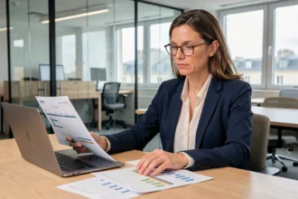 Femme cadre analysant des données salariales sur un ordinateur dans un bureau moderne à Paris