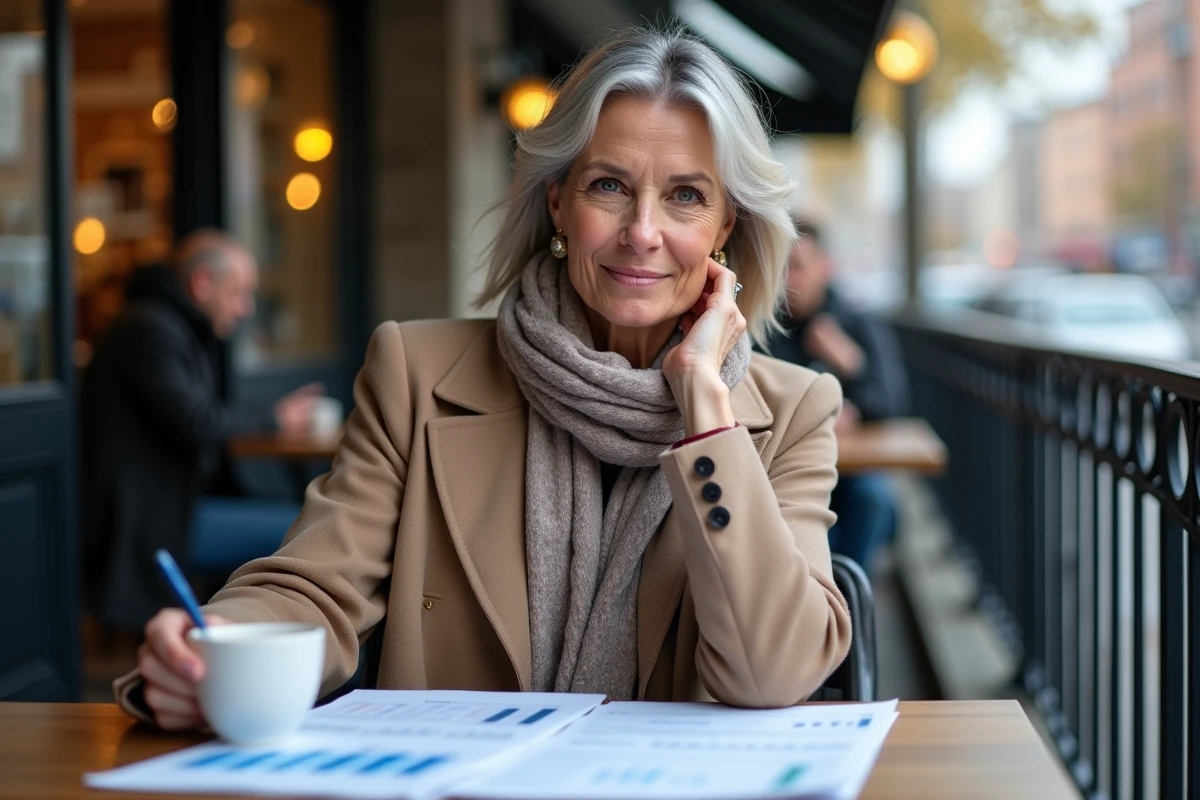 Femme dans un café lisant des rapports financiers avec un stylo