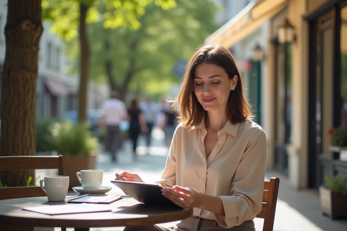 Femme assise en terrasse de café en ville avec tablette et café