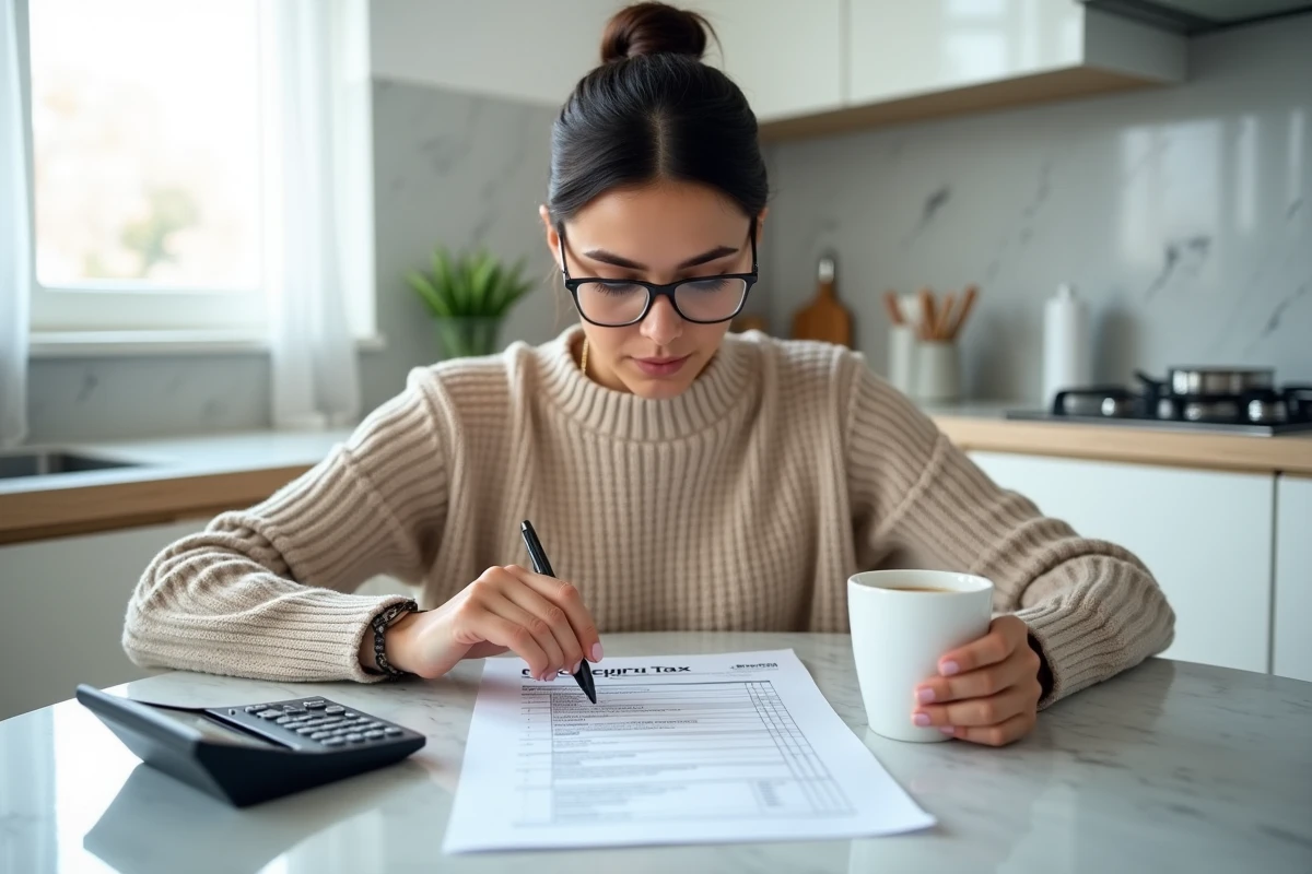 Femme consultant le formulaire CERFA de déclaration de revenus 2026 à la table de cuisine