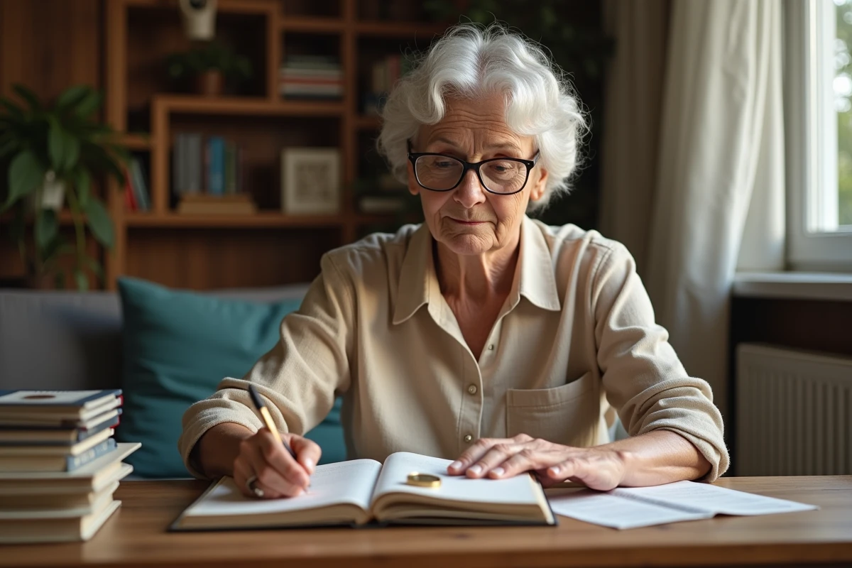 Femme âgée consultant un catalogue de numismatique pour identifier et conserver une pièce de 50 centimes