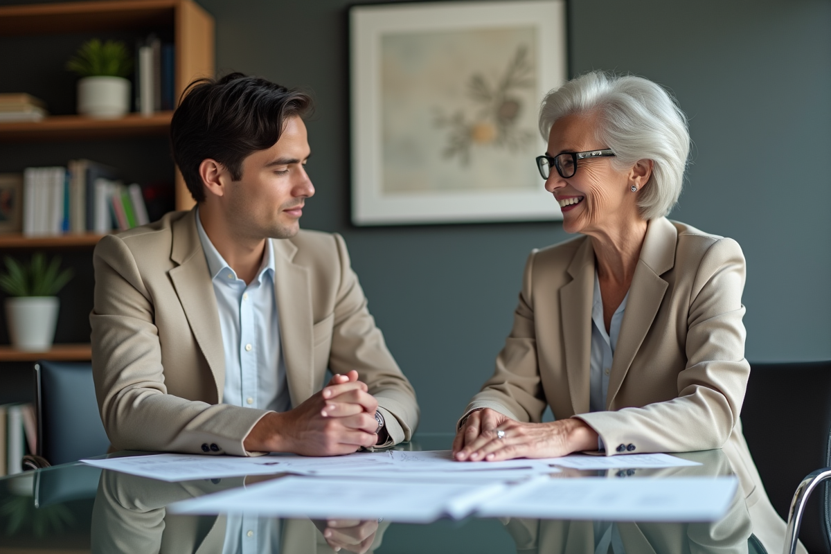 Femme souriante en blazer beige avec conseiller financier
