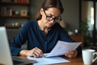 Femme consultant attentivement son relevé de compte Crédit Agricole pour détecter des opérations suspectes