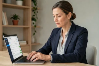 Femme consultant son compte CMB Bretagne en ligne sur un ordinateur portable depuis un bureau à domicile