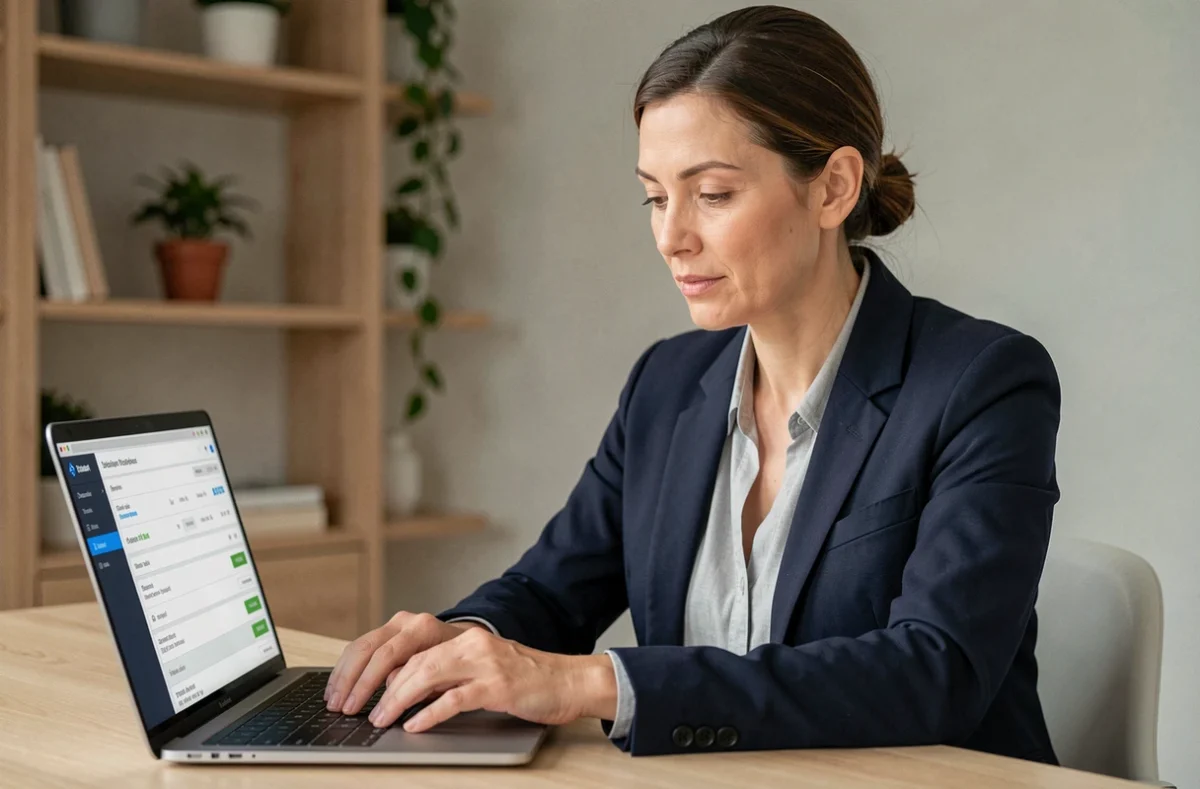 Femme consultant son compte CMB Bretagne en ligne sur un ordinateur portable depuis un bureau à domicile