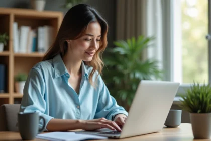 Femme consultant un devis d'assurance en ligne sur son ordinateur portable dans un bureau à domicile