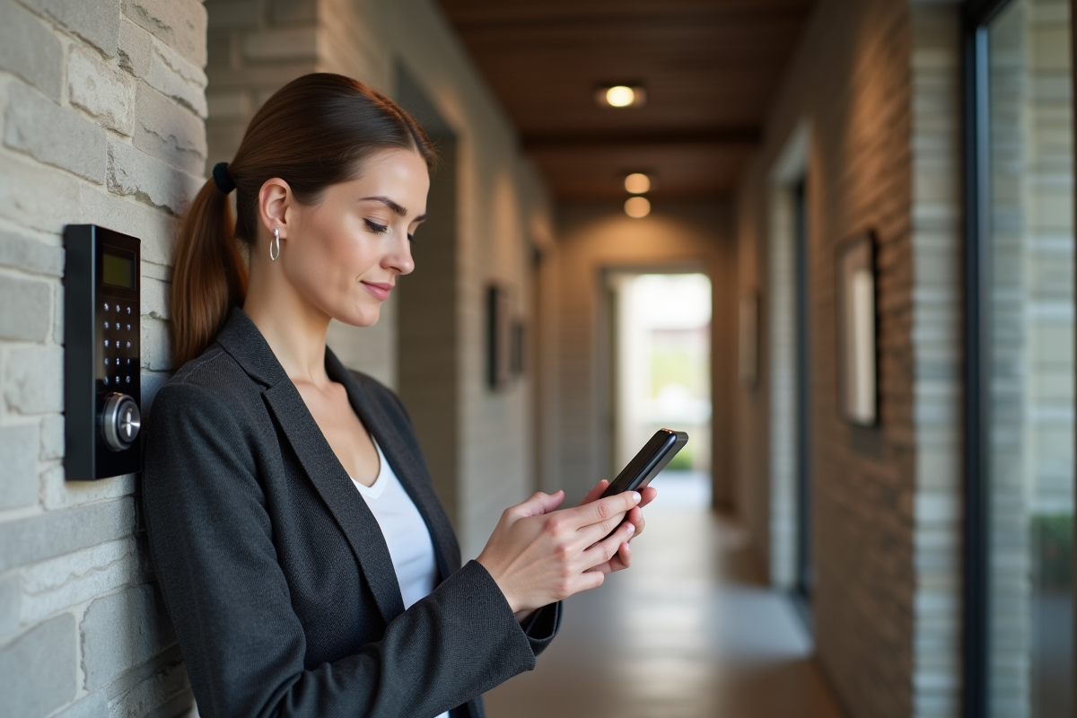 Jeune femme entrant ses détails de sécurité dans un appartement moderne