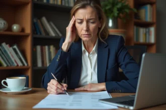 Femme d'une cinquantaine d'années inquiète qui examine des documents d'assurance vie à son bureau à domicile