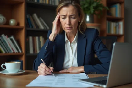 Femme d'une cinquantaine d'années inquiète qui examine des documents d'assurance vie à son bureau à domicile