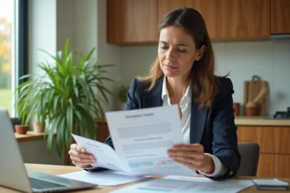 Femme d'âge moyen lisant des documents financiers à la maison