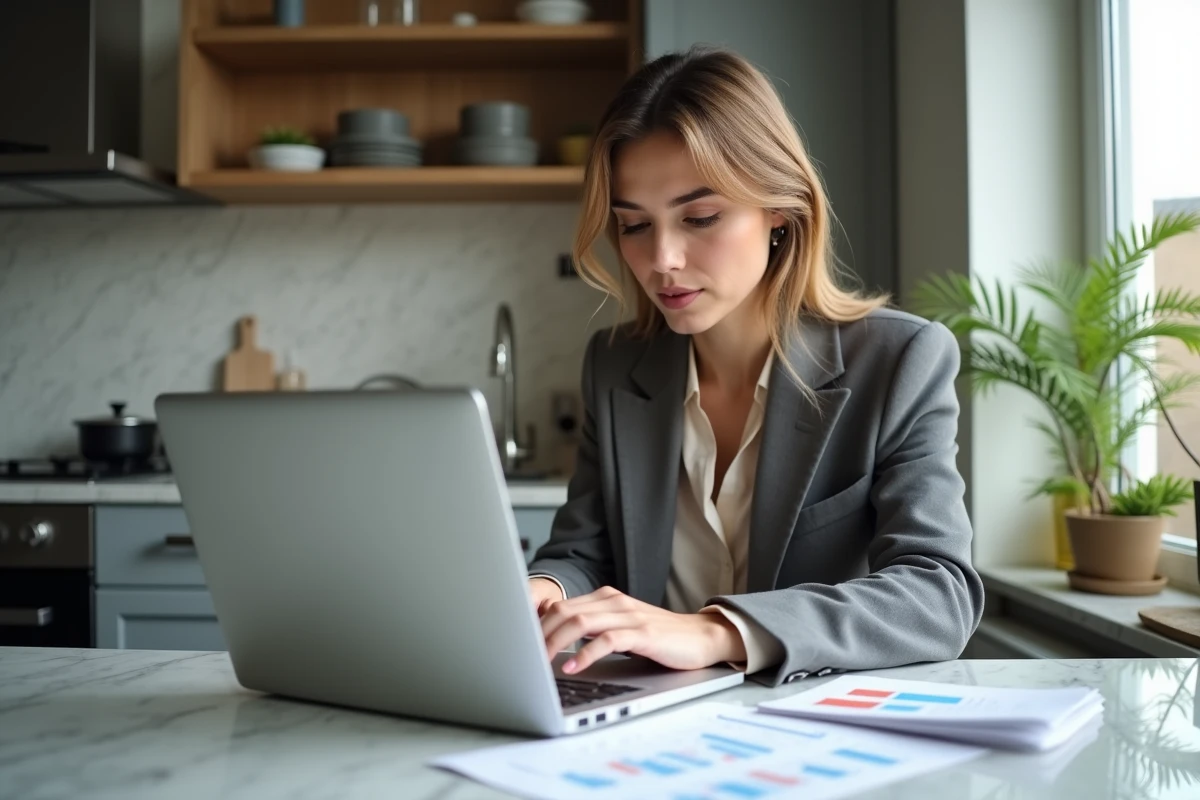 Femme en gestion financière avec ordinateur et graphiques