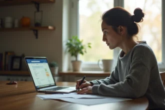 Femme remplissant un formulaire CAF sur une table en bois avec un ordinateur portable affichant un simulateur de virement