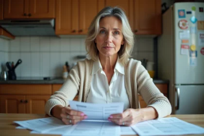 Femme d'âge moyen vérifiant ses factures et bulletins