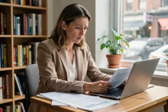 Femme intérimaire consultant des documents financiers à son bureau pour obtenir un prêt immédiat malgré un contrat CDD