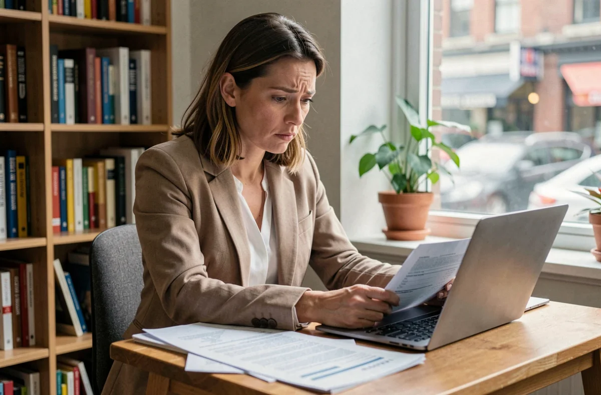 Femme intérimaire consultant des documents financiers à son bureau pour obtenir un prêt immédiat malgré un contrat CDD