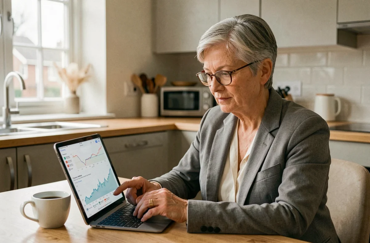 Femme investissant dans une SCPI depuis chez elle en consultant des avis en ligne sur une tablette