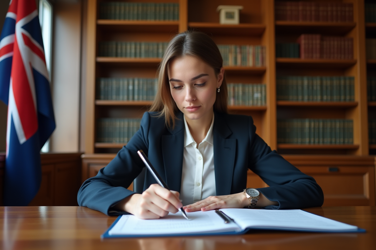 Jeune femme en bureau parlementaire étudiant des documents