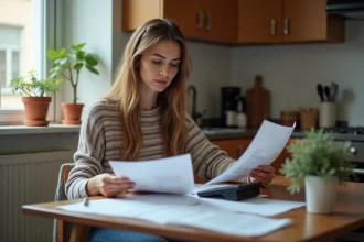 Femme dans sa cuisine examine des papiers de location