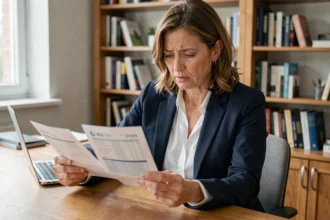 Femme lisant un relevé bancaire à son bureau pour identifier un litige de prélèvement AMZ Digital FRA