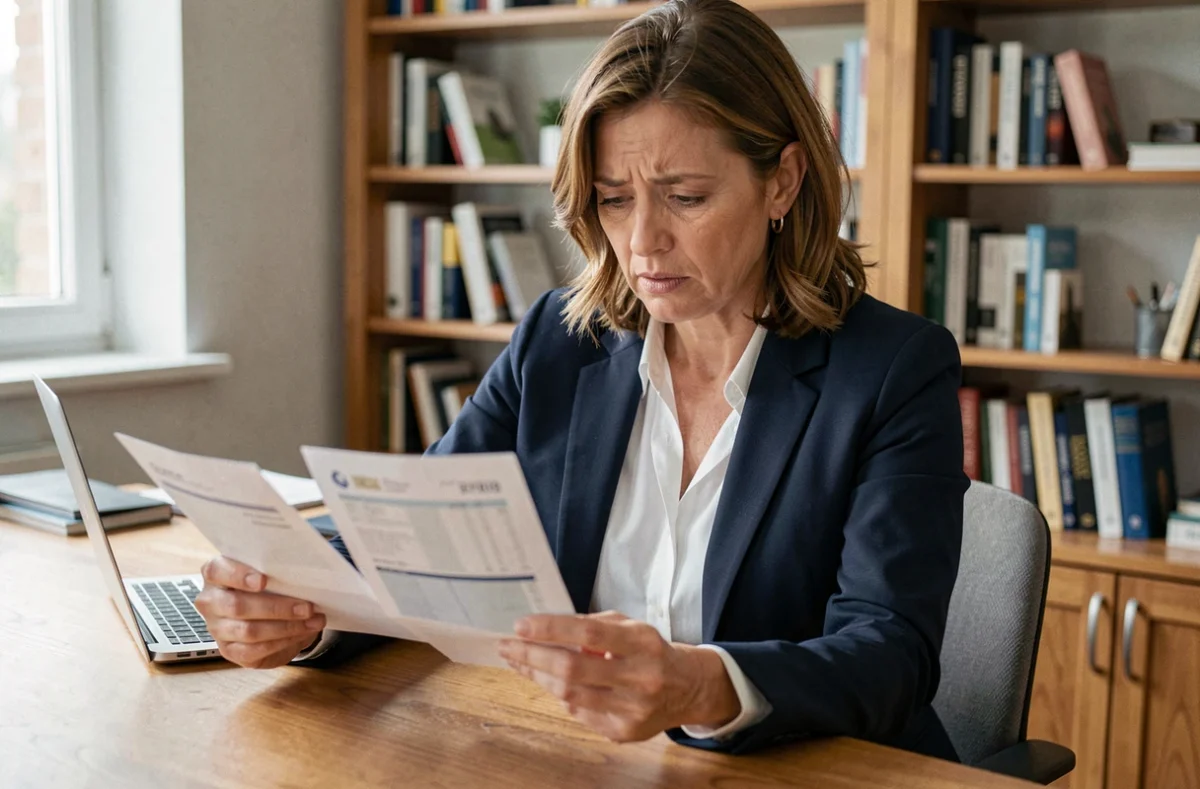 Femme lisant un relevé bancaire à son bureau pour identifier un litige de prélèvement AMZ Digital FRA