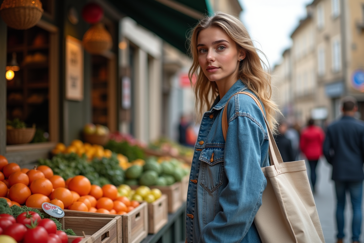 Jeune femme française dans un marché en plein air