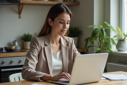 Jeune femme vérifiant son compte bancaire à la maison