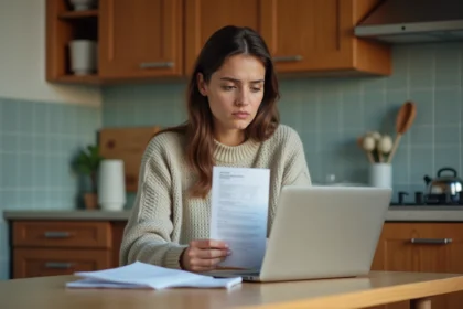 Jeune femme regardant une facture à la maison