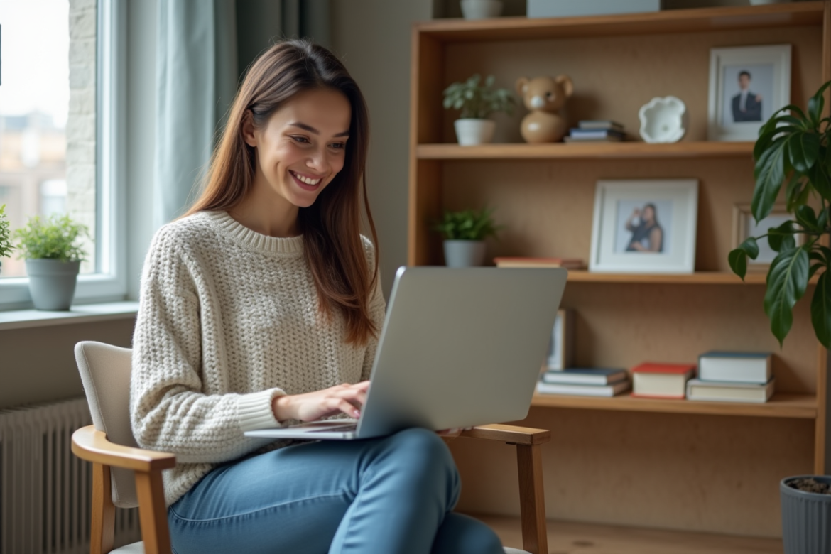 Jeune femme souriante utilisant son ordinateur pour ses achats en ligne