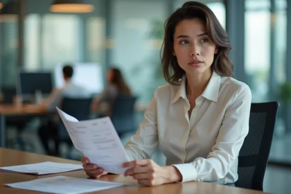 Femme d'affaires examine ses fiches de paie dans un bureau moderne