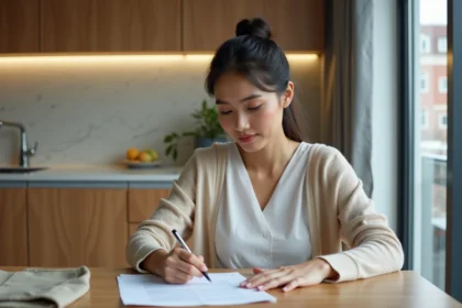Femme remplissant un formulaire Éco PTZ dans la cuisine