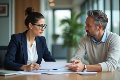 Femme professionnelle expliquant des documents à un entrepreneur