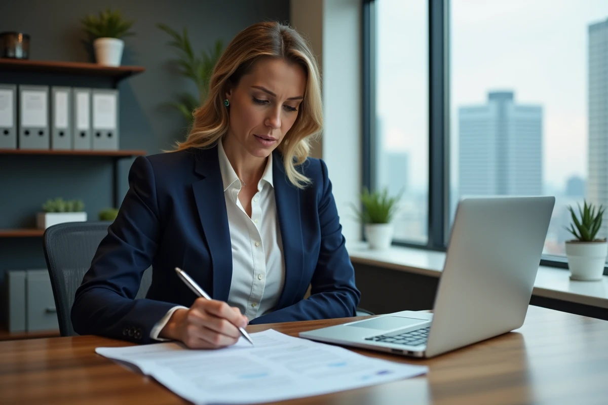 Femme professionnelle révisant ses contrats d'assurance Qlara à son bureau, optimisation des cotisations