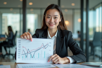 Jeune femme professionnelle pointant un graphique en bureau