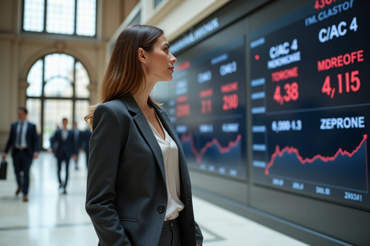 Professionnelle étudiant le tableau des horaires et des cours du CAC 40 à l'intérieur d'un bâtiment boursier parisien moderne