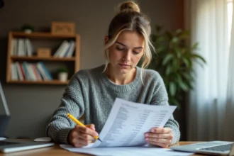 Femme consultant un relevé bancaire et surlignant les libellés de paiement à son bureau