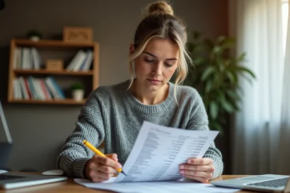 Femme consultant un relevé bancaire et surlignant les libellés de paiement à son bureau
