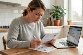 Femme examinant un relevé bancaire à la recherche d'un prélèvement ADIS inconnu sur son compte
